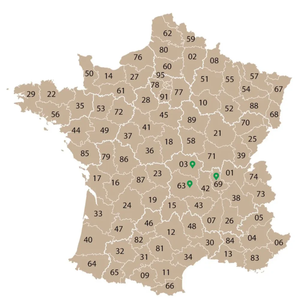 carte des agences com'rénov-Com'Rénov by Réflexe Services-rénovation d'ampleur-projet travaux-primes énergie-DPE-artisans et professionnels du bâtiment-Certificats d’Économies d’Énergie-Accompagnement administratif-Site web-réseaux sociaux-Clermont Ferrand-Auvergne Rhône Alpes